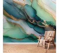 Papier Peint Panoramique Abstrait Effet Marbre Vert Taches d'Encre Lignes Dorées Fluide 3D Mural Design, Tapisserie Photo Géante Pour Salon Chambre D'Enfant Murale XXL Intissée, 350 x 256 cm
