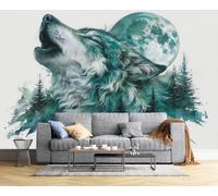 Papier Peint Panoramique Animaux À Éclaboussures Sombres D'Encre 350x256cm, Loup Lune Forêt Papier peint photo soie, Vert Foncé Murales Poster soie - pour Salon Chambre à Coucher Décor Fond TV