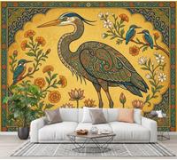 Papier Peint Panoramique Animaux Exotiques À Motifs Cachemire 200X140Cm Murale Photo | Plantes Vert Olive Hérons Jaune Tapisserie Murales Papier Peint Intissé Pour Chambre Salon Fond Tv Muraux