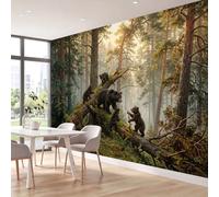 Papier Peint Panoramique Animaux Ours Arbres Feuilles | XXL Poster Intissé Papier Peint imprimé Forêt Naturelle Décor Poster Mural pour Salon Chambre Bureau, 200 x 140 cm