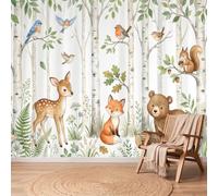Papier Peint Panoramique Aquarelle Pastoral Décoration Murale 350 x 256cm | Géant 3D Papier Peint Intissé pour Salon Chambre Salle à Manger Chambre d'Enfant, Forêt Animal Cerf Renard Ours Poster