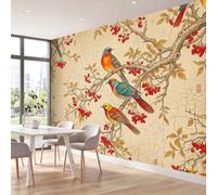 Papier Peint Panoramique Arbres Baies Feuilles Oiseaux | XXL Poster Intissé Papier Peint imprimé Vintage Oriental Décor Poster Mural pour Salon Chambre Bureau, 300 x 210 cm
