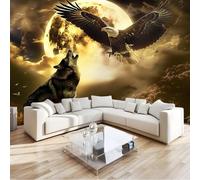 Papier Peint Panoramique Art Numérique Clair De Lune Aigle Loup 250 x 175 cm Poster Murale 3D, Tapisserie Photo Peinture Murale, Papier Peint Intissé Fresque pour Salon Chambre Toile Fond TV