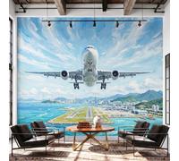 Papier Peint Panoramique Avion Peinture à l'huile Bleu Mural Design | Tapisserie Photo Géante Onirique Ciel Fresque Murale Papier Peint Intissée - 350 x 256 cm