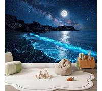Papier Peint Panoramique Bleu Nature Ciel Étoilé Photo Image Fresque Murale | 300 x 210 cm Lune Voie Lactée Étoiles Océan Plage Papier Peint Intissé Mural Décoration Salon Chambre Bureau Tv Artistique