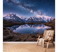 Papier Peint Panoramique Bleu Paysage Naturel Photo Poster Décoration | 250 x 175 cm Intissé Papier Peint Mural, Montagnes Enneigées Voie Lactée Ciel Étoilé Lac Fresque Murale Pour Salon Restaurant