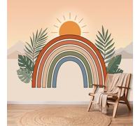 Papier Peint Panoramique Boho Minimaliste Décoration Murale 350 x 256cm | Géant 3D Papier Peint Intissé pour Salon Chambre Salle à Manger Chambre d'Enfant, Géométrique Irisé Soleil Plantes Poster