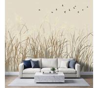 Papier Peint Panoramique Campagne Rustique 450L x 315H cm, Nature Animal Herbe Ornementale Marron Oiseau Intissé Murale, Vert Olive Photo Fresque Murale pour Salon Chambre d'enfants Restaurant