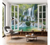 Papier Peint Panoramique Cascade À Plusieurs Niveaux Recouverte Mousse, 400x280cm Photo Décoration Murale Réalisme Jungle Poster Mural Soie Tapisserie pour Salon Chambre Fond TV Décor, Vert Émeraude