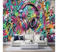 Papier Peint Panoramique Casque Notes Musique 500 x 280 cm Murale Photo | Art Rue Graffiti Murale Stickers Intissé pour Cuisine Chambre Salle Salon Décor Fond TV