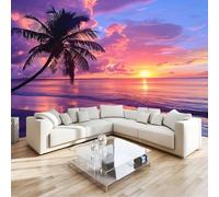 Papier Peint Panoramique Chambre Coucher de Soleil Océan Cocotier Poster Géant Mural, Multicolore Papier Peint Intissé Mural pour Salon Canapé TV Fond Décoration Murale 350x256cm
