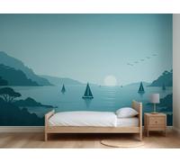 Papier peint panoramique chambre enfant Baie aux Voiliers, autocollant, Baie, Voiliers, Pointes, Oiseaux, 406 x 254 cm