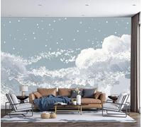 Papier Peint Panoramique Ciel Étoilé Et Vagues De L'Océan, 200x140cm Photo Décoration Murale Paysage Rétro Poster Mural Soie Tapisserie Décorative pour Salon Chambre Fond TV Décor, Gris Clair-Bleu