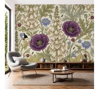 Papier Peint Panoramique Coquelicots Violets Branches Et Feuilles D'Olivier 300×210 Cm - Papier Peint Soie Plantes Rétro Anglaises - Poster Geant Mural 3D - Décoration Murale Pour Salon , Vert Olive