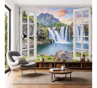 Papier Peint Panoramique Coucher Soleil Sur Cascade Canyon, 300x210cm Photo Décoration Murale Paysages Haute Montagne Poster Mural Soie Tapisserie pour Salon Chambre Fond TV Décor, Vert Mousse