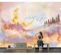 Papier Peint Panoramique Croissant Lune Oiseaux Vol Montagnes Forêts, 300x210cm Photo Décoration Murale Peinture Paysage Poster Mural Soie Tapisserie Décorative pour Salon Chambre Fond TV Décor