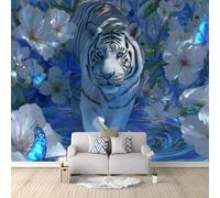 Papier peint panoramique en flocon avec des motifs de tigres et de fleurs
