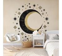 Papier Peint Panoramique en Soie Nuit Étoilée Rétro, 400 x 280cm (L×H) Papier Peint de soie Croissant De Lune Étoiles pour Chambre, Salon, Enfant Grande Poster Mural Décoration, Noir Charbon Abricot