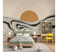 Papier Peint Panoramique en Soie Paysage Nordique Simple, 350 x 256cm (L×H) Papier Peint de soie Soleil Lignes Vagues pour Chambre, Salon, Enfant Grande Poster Mural Décoration, Noir Charbon Abricot