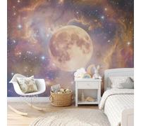 Papier Peint Panoramique en Soie Rêve Nébuleuse, 250 x 175cm (L×H) Papier Peint de soie Pleine Lune Lumière Des Étoiles pour Chambre, Salon, Enfant Grande Poster Mural Décoration, Violet Abricot