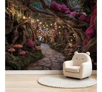 Papier Peint Panoramique Fantaisie Forêt Fleurs Champignons Chemin de pierre Papier Peint Photo Mural Intissé, Poster Pour Salon Chambre Tête de Lit Chambre & Couloir,