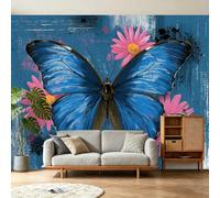 Papier Peint Panoramique Fleuri Vintage Use, Papier Peint Papillon Marguerite, Murale Intissée 300 x 210 cm Non Tissé Décoration XL Murale Pour Salon, Chambre