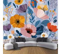 Papier Peint Panoramique Fleurs aquarelles 200x140cm | Décoration Murale XXL Coquelicot et Cosmos Poster Tableaux Muraux Tapisserie Panoramique pour Salon et Chambre à Coucher, Gris-Bleu clair