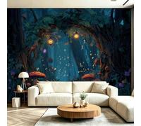 Papier Peint Panoramique Forêt Enchantée avec Champignons et Lanternes Taille Personnalisée 350 x 256 cm Pour Salon Chambre Décoration Murale, Chambre Chambre D'Enfant Royaume Féerique & Fantastique