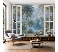 Papier Peint Panoramique Forêt Tropicale De Palmiers, 450x315cm Photo Décoration Murale Oasis De La Vallée Poster Mural Soie Tapisserie Décorative pour Salon Chambre Fond TV Décor, Bleu-Vert