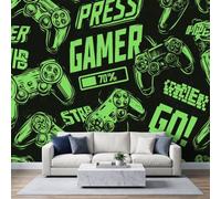 Papier Peint Panoramique Gaming Futuriste Peinte Murale, Néon Tendance Graffiti Manette de Jeu Lettre Intissé Murale, Vert Fluo Photo Fresque pour Salon Chambre d'enfants Restaurant 250L x 175H cm
