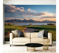 Papier Peint Panoramique Gazon Golf Bunker Sable Lac Montagne Taille Personnalisée 400 x 280 cm Pour Salon Chambre Décoration Murale, Chambre Chambre D'Enfant Extérieur PhotoréalisteVert Sauge