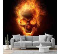 Papier Peint Panoramique Gothique Crâne, Papier Peint Intissé Motif Fantaisie Flammes Crâne, Photo Poster Murale Noir Décoration pour Salon Chambre Cuisine Canapé TV Fond, 200x140 cm (LxH)