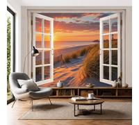 Papier Peint Panoramique Herbe Et Sable Bord Mer 450X315Cm Murale Photo - Vue Phare Au Coucher Soleil Couleur Orange Tapisserie Murales Papier Peint Intissé Pour Chambre Salon Fond Tv - Photo Muraux
