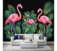 Papier Peint Panoramique Intissé 250x175cm Plantes Tropicales, Flamant Rose Feuilles Monstera Palmier Papier Peint Photo, Pour Salon Chambre D'Enfant Décoration Murale