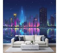 Papier Peint Panoramique Intissé 300x210cm Peinture Digitale, Skyline Ville Gratte-Ciels Néon Papier Peint Photo, Pour Salon Chambre D'Enfant Décoration Murale