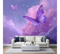 Papier Peint Panoramique Intissé 450x315cm Peinture Digitale Esthétique Fantasy, Papillons Mer Nuages Rose Violet Chambre Fille Papier Peint Photo, Pour Salon Chambre D'Enfant Décoration Murale