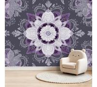 Papier Peint Panoramique Intissé Bohème, 200 x 140 cm | Mandala Floral Géométrique Symétrique Mystique Papier Peint Mural, Violet Design Unique pour Fond TV Salon