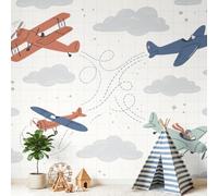 Papier Peint Panoramique Intissé Dessin animé Avion Blanc | Papier Peint Panoramique Photo Poster Vintage Simple Grille 300 x 210 cm(L x H) Pour Salon Chambre D'Enfant Décoration