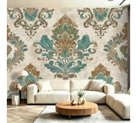 Papier Peint Panoramique Intissé Luxe Classique, 250 x 175 cm | Symétrique Volutes Damassé Floral Papier Peint Mural, Cyan Design Unique pour Fond TV Salon