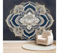 Papier Peint Panoramique Intissé Motif Mystique, 350 x 256 cm | Mandala Floral Lotus Symétrique Papier Peint Mural, Bleu Marine Design Unique pour Fond TV Salon