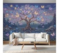 Papier Peint Panoramique Intissé Paysage De Rêve 300x210cm Papier Peint Photo,Arbres Papillons Fantastiques Fresque Murale Affiche Géante Pour Salon Chambre Chambre D'Enfant Décoration Murale