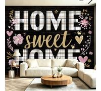 Papier Peint Panoramique intissé style Romantique Doux, Noir | 300 x 210 cm, Géométrique Carreaux Coeur Lettres Floral Impression Papier Peint Panoramique, pour Salon Couloir Escaliers