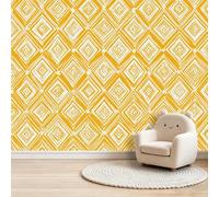 Papier Peint Panoramique Intissé Symétrique Minimaliste, 300 x 210 cm | Motif Diamants Géométriques Lignes Papier Peint Mural, Jaune Design Unique pour Fond TV Salon