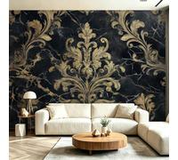 Papier Peint Panoramique Intissé Vintage Luxueux, 350 x 256 cm | Symétrique Motif Baroque Marbre Papier Peint Mural, Or Design Unique pour Fond TV Salon