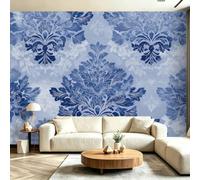 Papier Peint Panoramique Intissé Vintage Simple, 200 x 140 cm | Floral Symétrique Motif Damas Papier Peint Mural, Bleu Design Unique pour Fond TV Salon