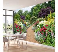 Papier Peint Panoramique Jardins Sentiers Arbres Fleurs | XXL Poster Intissé Papier Peint imprimé Élégance Naturelle Décor Poster Mural pour Salon Chambre Bureau, 300 x 210 cm