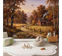 Papier Peint Panoramique Marron Français Champêtre Photo Poster Décoration | 150 x 105 cm Intissé Papier Peint Mural, Automne Cabane En Bois Clôture En Bois Moutons Fresque Murale Salon Restaurant