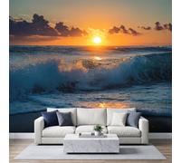 Papier Peint Panoramique Mer Coucher Soleil Vagues Embruns Murale | Photographie Nature Papier Peint Photo 250 x 175 cm Murale Pour Salon Chambre Murales Intissé Poster Tableaux Photo Muraux