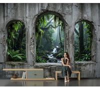 Papier peint panoramique moderne 450x315cm - Revêtement mural décoration pour chambre salon - Design unique et moderne - Vent forêt tropicale industrielle Mur béton Cascala forêt tropicale - foncé