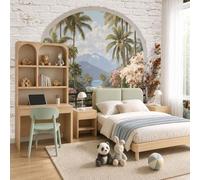 Papier peint panoramique moderne forêt tropicale dense Mur en briques avec fenêtre Palmiers paysagers de jardin Revêtement Murale décoration salon Chambre Coucher Maison Décoration 200x140cm
